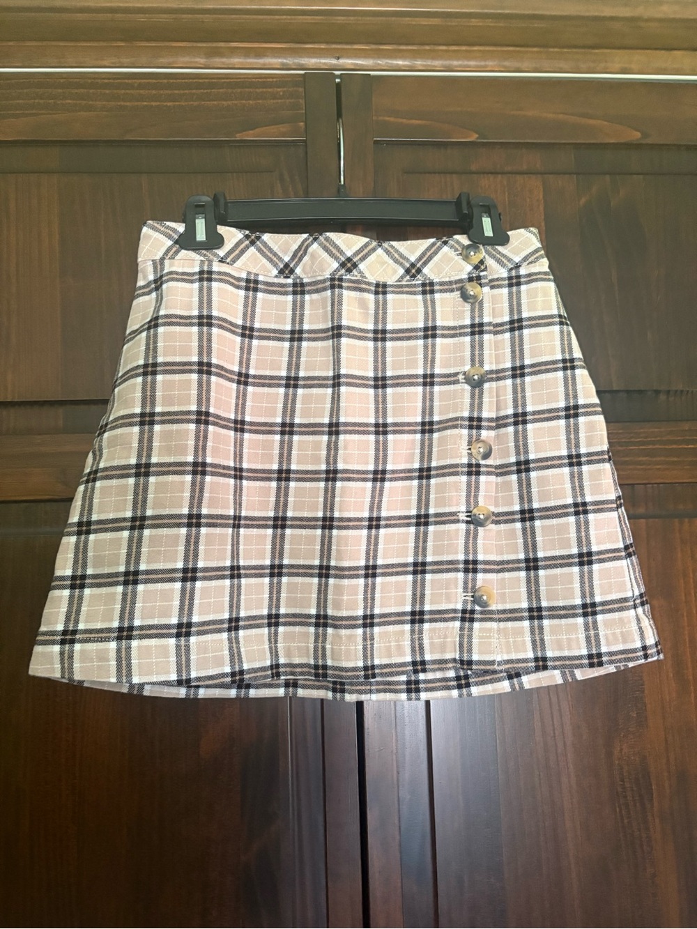 H&M Beige and Black Plaid Mini Skirt with Side Buttons